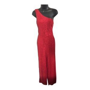 Red sequin one shoulder pantsuit jumpsuit size small‎ brand new